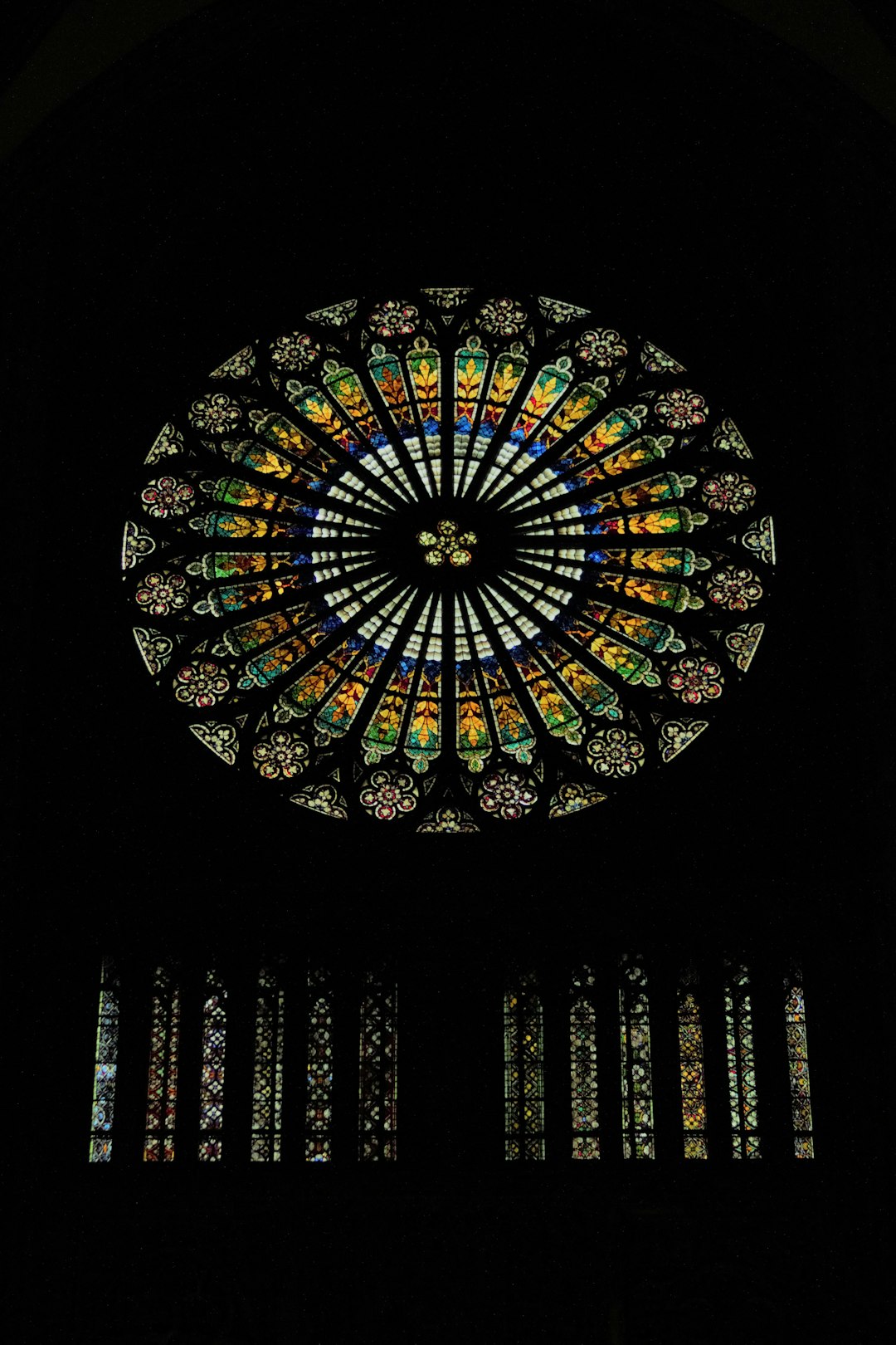 Rose window at Chartres Cathedral with intricate tracery