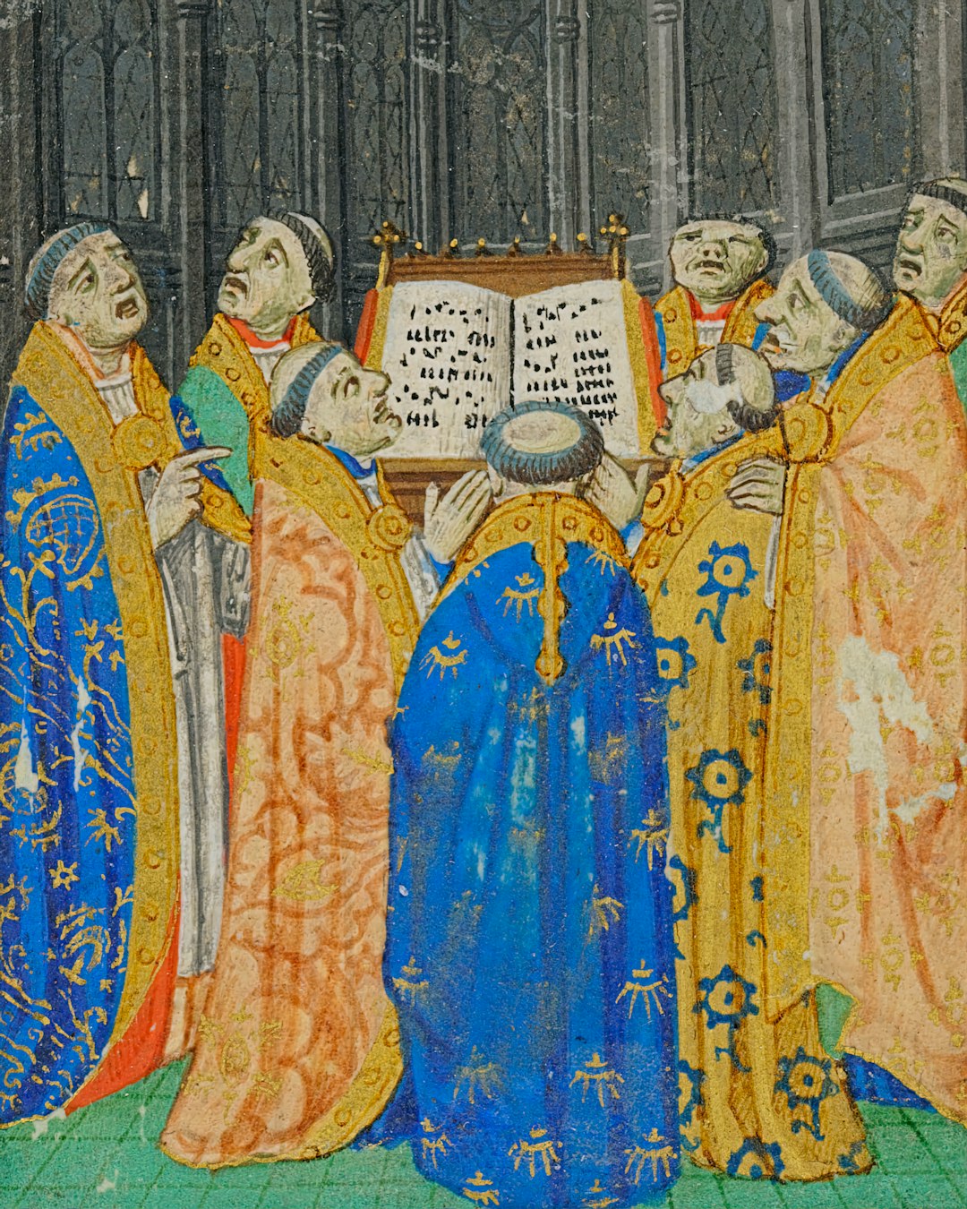 Medieval court scene showing nobility and clergy in a grand hall, reflecting the political and religious power of cathedral construction